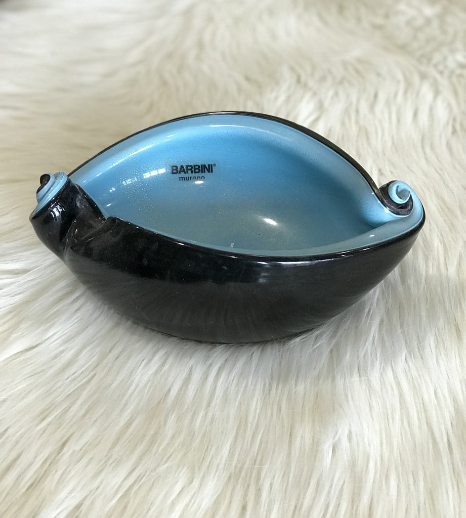 Alfredo Barbini Black and Aqua Murano Glass Shell Dish