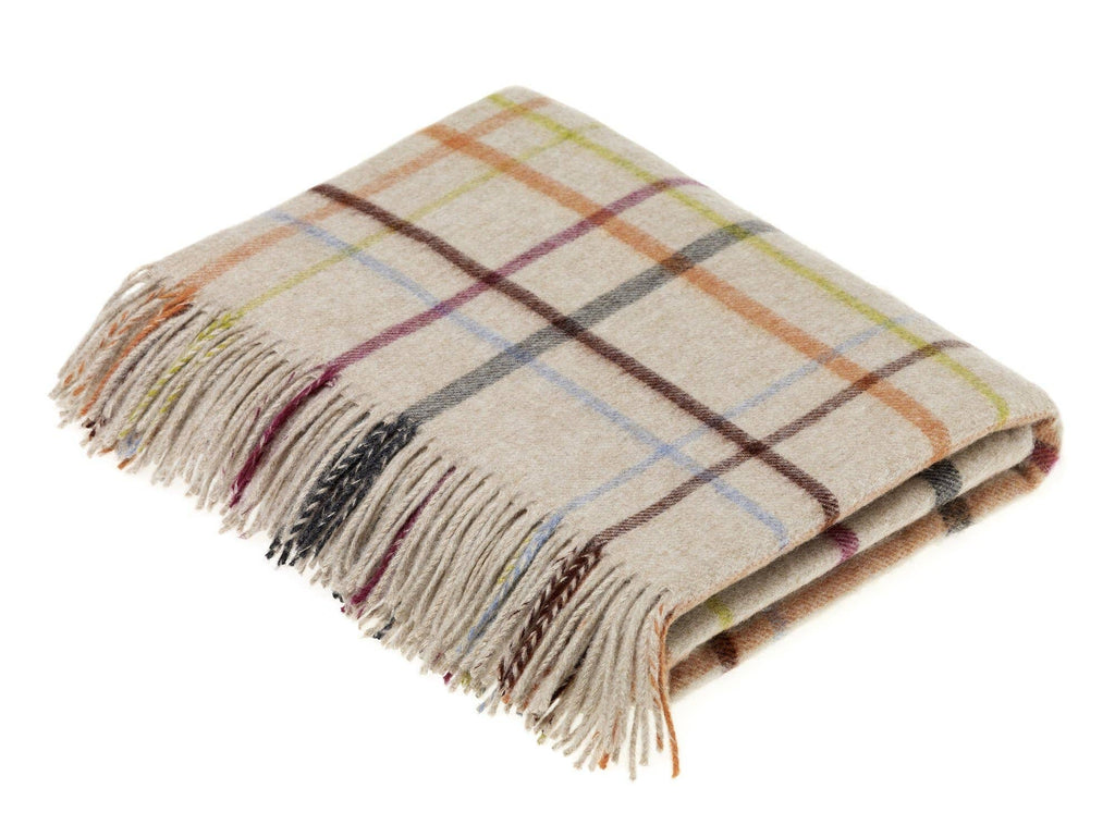 Bronte Moon - Merino Lambswool - VAR Windowpane Rainbow Throw Beige Multi, Made in England: Denim